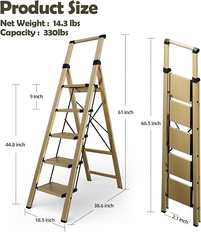 Taranta 5 Step Ladder, Portable Folding Ladder with Wide Pedal, Lightweight Aluminum Step Stool with Convenient Handgrip, 330 lbs Capacity Stepladder for Home, Office - Gold