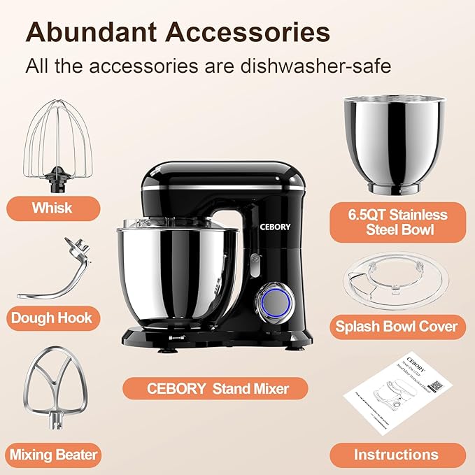 3-IN-1 Electric Stand Mixer, 6.5QT Bowl 660W 10-Speed Kitchen Mixer, Household Food Mixers include Dough Hook, Beater and Whisk, Bread Cake Mixer for Baking and Most Home Cooks, Black