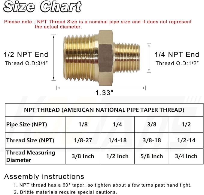 KOOTANS 1/2 NPT Male x 1/4 NPT Male Solid Brass Nipples, Heavy Brass Pipe Adapter Fittings Hex Reducing Nipples Connectors 4Pieces