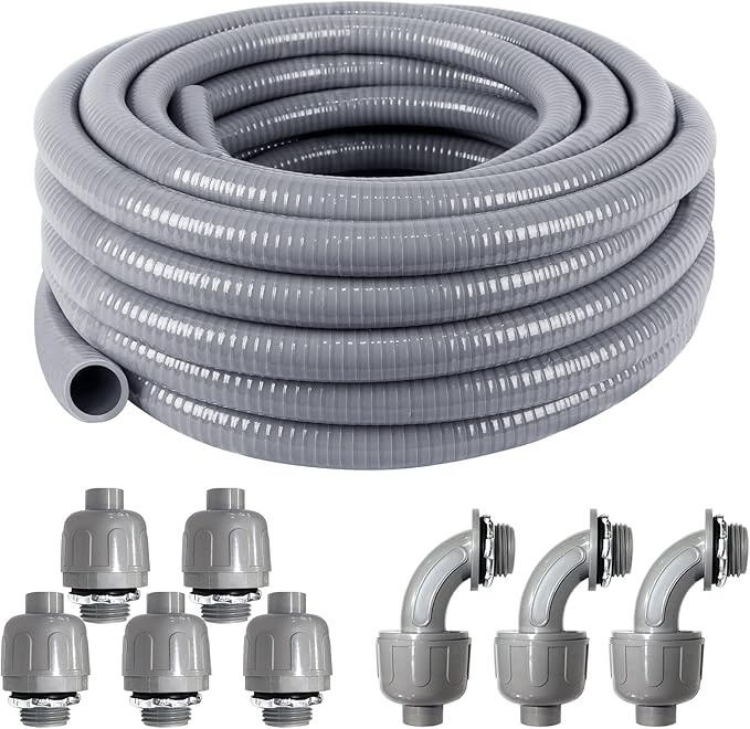 1inch 25ft Electrical Conduit Kit,Liquid-Tight Conduit and Connector Kit with 5 Straight and 3 Angle Fittings Included,Flexible Non - Metallic Electrical Conduit(1" Dia, 25 Feet)