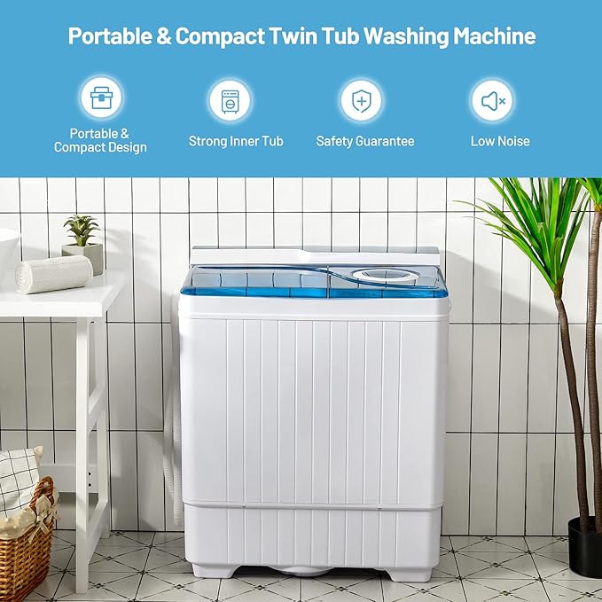 Giantex 10021US-BL-FP Full-Automatic Washing Machine Portable Compact, White+Blue