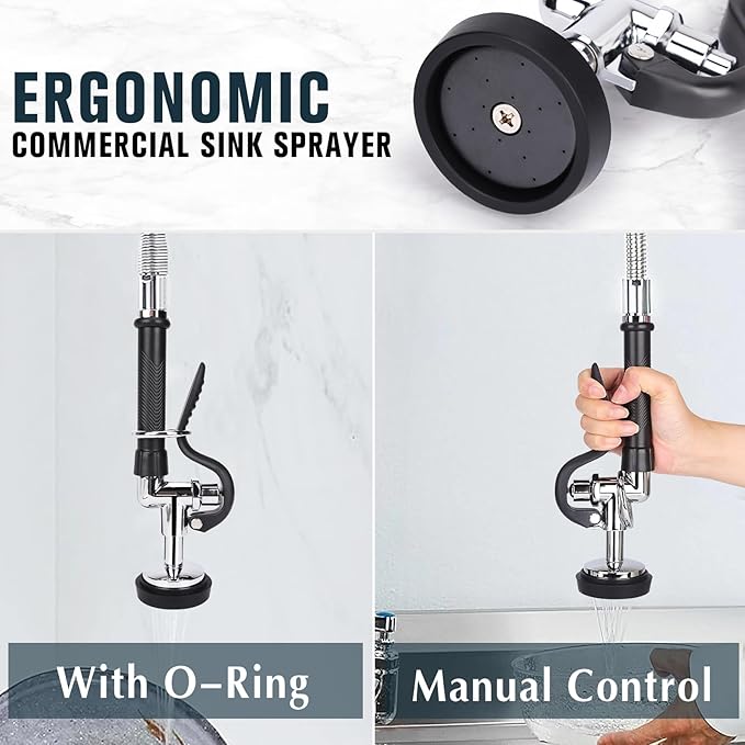 Commercial Faucet with Sprayer, 25 Inch Height Commercial Sink Faucet Wall Mount with 8" Adjustable Center and 12" Add-on Swing Spout & Pull Down Pre Rinse Sprayer