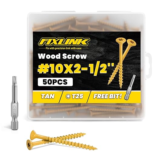 Wood Screws 2-1/2 Inch, FIXLINK Deck Screws #10 x 2-1/2", 50pcs Epoxy Coated, T25 Star Bit Above 1500 Hour Salt Spray Coating Outdoor Decking Screws Excellent Rust Resistant for Outdoor Wood Fence