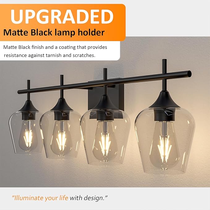 Vanity Bathroom Light, 4-Light Bathroom Light Fixtures Over Mirror, Black Vanity Lights for Bathroom with Clear Glass, Modern Wall Lamp for Cabinet Hallway, Bedroom
