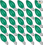 25 Pack C7 Ceramic Christmas Replacment Bulbs, Green Light Bulbs for E12 Candelabra Base Outdoor/Indoor Christmas String Lights, 5 Watt