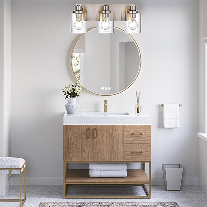 3 Light Bathroom Vanity Light - Brushed Nickel, Modern Farmhouse Style with Clear Glass Shade, Over Mirror Lighting Fixture