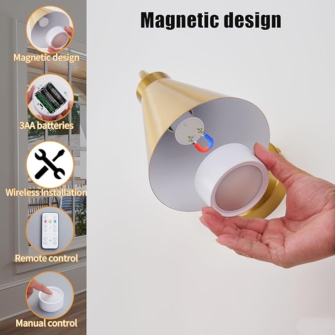 Vintage Cordless Gooseneck Battery Operated Wall Sconces Set of 2, Gold Bedside Battery Powered Wall Decor Lamps with Remote Control, Wireless Indoor LED Lights Fixture for Bedroom Hallway