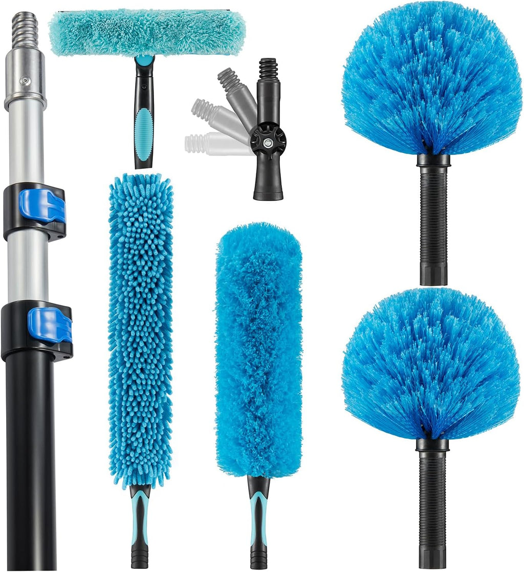 20 Foot High Ceiling Fan Duster with 5-12 Foot Extension Pole, Extendable Reusable Cobweb, Feather, Window Cleaning Squeegee Kit Blue