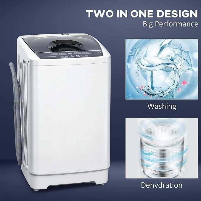 HOMCOM Portable Washing Machine, 1.3 Cu. Ft. Compact Washer with 8 Programs, 6 Water Levels, LED Display and Child Lock, 9.9 lb Full Automatic Washing Machine for Apartments, Dorms and RVs, White