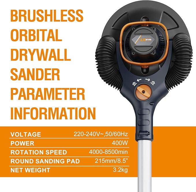 MAXXT 4mm Random Orbital Drywall Sander, Brushless 350W 3.5A Foldable Electric Wall Sander, Sander Tool with 1&2 Mode Suction Switching, Memory Variable Speed, 180° Flex Head, LED Light, Carry Bag