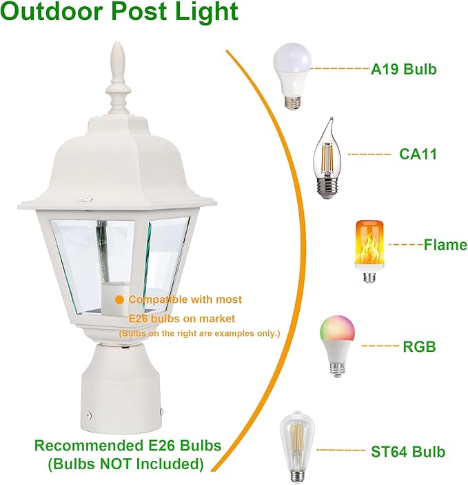 LIT-PaTH Outdoor Post Lighting Fixture Pole Lantern, E26 Medium Base Max 60W, Aluminum Housing Plus Clear Glass, Bulb Not Included, Matte White Finish, 1-Pack