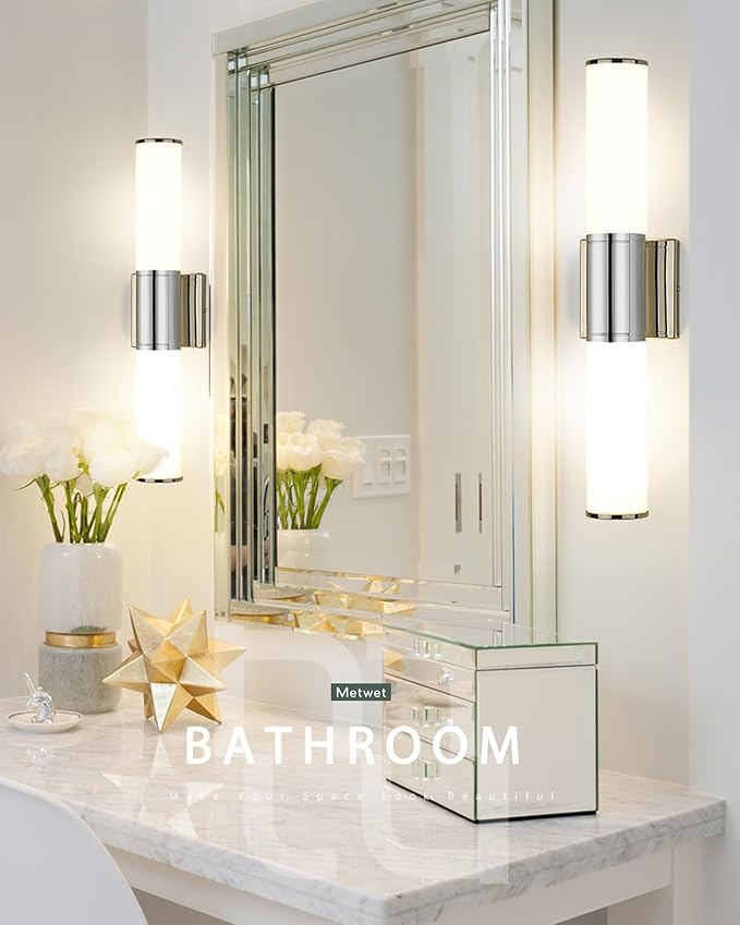 Bathroom Light Fixtures, 2-Light Vanity Lights for Mirror with Milk Glass Shade, Chrome Up and Down Wall Sconces for Bathroom Bedroom Hallway, VL834-CH-ML