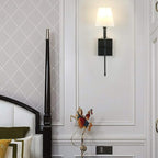 PERMO Single Classic Rustic Wall Sconce Lighting Fixture with Flared White Textile Lamp Shade and Black Tapered Column Stand, Hardwired, E26 Base