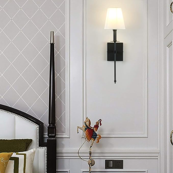 PERMO Single Classic Rustic Wall Sconce Lighting Fixture with Flared White Textile Lamp Shade and Black Tapered Column Stand, Hardwired, E26 Base