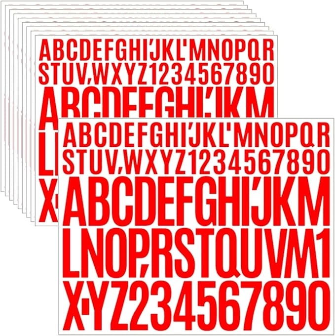 10 Sheets 780 Pcs Vinyl Letter & Number Stickers - Waterproof, Self-Adhesive Alphabet for Mailbox, Door, Window, Cars, Boats, Address (Red, 1in&2in)