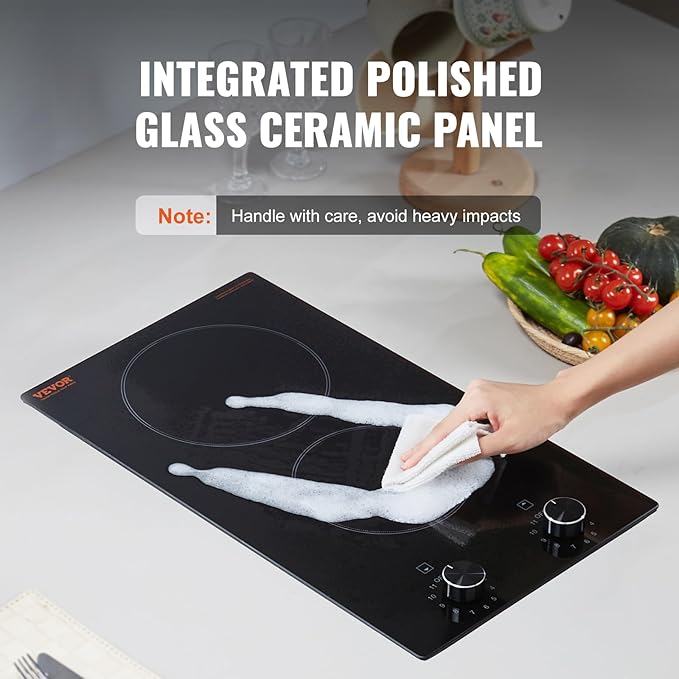 VEVOR Electric Ceramic Cooktop, Built-in Electric Stove Top, with Glass Panel, Knob Control, 11 Heat Levels, for Diverse Cooking Requirements (12inch-2burners/220V)