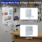 Trailer Door Cabinet Organizer, Flip-Out Work Tray & Paper Towel Rack Organizer with Hooks, Wall-Mount Work Station Storage Cabinet for Enclosed Race Trailer Garage Storage, White