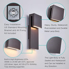 Modern Outdoor Indoor Integrated LED Wall Sconce, 2-Light Total 17W,Bronze Finish,1600 Lumens,3000 Kelvin,90 CRI, Dimmable,Input 120-277V,Weatherproof for Global Front Porch Decor Use.