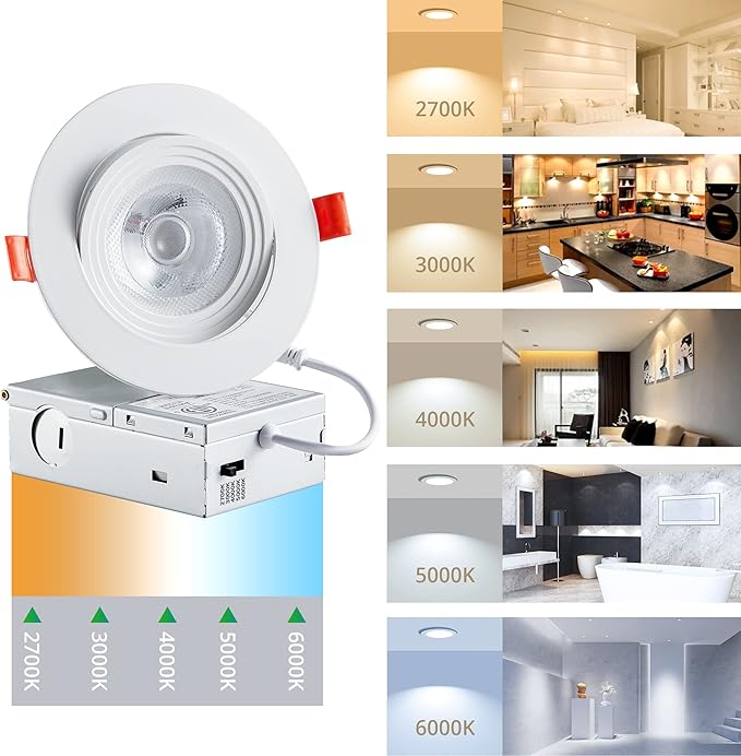 LEDIARY 6 Pack Gimbal LED Recessed Lighting 4 Inch, 5CCT Adjustable Recessed Light Slim Selectable 2700K-6000K,750LM Can Lights with Jbox,Canless Down Light Ceiling Light with IC Rated ETL Listed