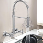 Wall Mount Kitchen Faucet, Hurran Brushed Nickel Kitchen Sink Faucet, 8 Inch 2 Handle Wall Mount Commercial Sink Faucet with Pull Down Sprayer for Kitchen Laundry Room Restaurant