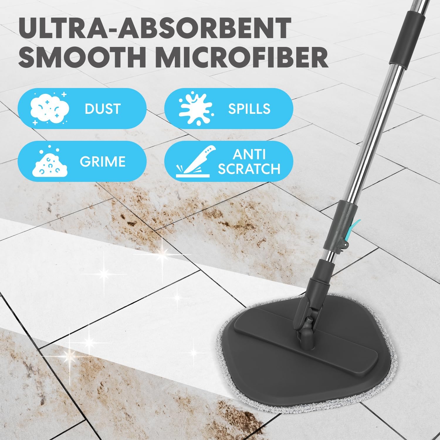 SIMPLI-MAGIC 360° Square Spin Mop and Bucket System – Dual Compartment, Separate Clean & Dirty Water – 3 High-Absorbent Microfiber Washable Heads – All Types Floor Cleaning