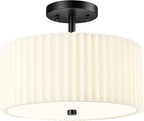 Semi Flush Mount Ceiling Light, 3-Light 12.5" Matte Black Ceiling Light Fixture with White Pleated Fabric Shade, Drum Lamp for Nursery Hallway Bedroom Kitchen, AD-25036-3SF-BK
