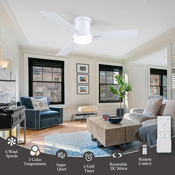 42 Inch Ceiling Fans with Lights and Remote,White Low Profile Ceiling Fan with Light,Flush Mount,Reversible,6 Speeds,3CCT Dimmable,for Bedroom,Living Room,Indoor Patio
