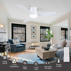 42 Inch Ceiling Fans with Lights and Remote,White Low Profile Ceiling Fan with Light,Flush Mount,Reversible,6 Speeds,3CCT Dimmable,for Bedroom,Living Room,Indoor Patio