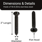 Bolt Dropper No. 8 x 2'' Black Screws, Xylan Coated Stainless Flat Head Phillips Wood Screw Deep Cut (25 Pack), 18-8 (304) Stainless Steel Anti Corrosion