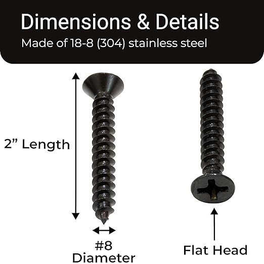 Bolt Dropper No. 8 x 2'' Black Screws, Xylan Coated Stainless Flat Head Phillips Wood Screw Deep Cut (25 Pack), 18-8 (304) Stainless Steel Anti Corrosion