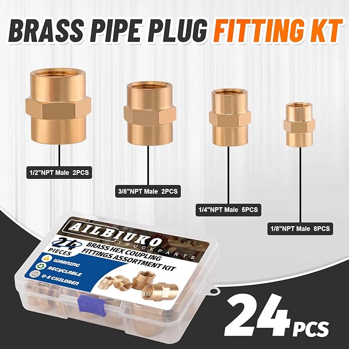 24Pcs Brass Pipe Fittings,1/8" x 1/8",1/4" x 1/4",3/8" x 3/8",1/2" x1/2" NPT Female Hex Coupling Hex Head Coupler Pipe Fitting