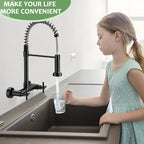 Wall Mount Kitchen Faucet, Hurran Matte Black Kitchen Sink Faucet, 8 Inch 2 Handle Wall Mount Commercial Sink Faucet with Pull Down Sprayer for Kitchen Laundry Room Restaurant