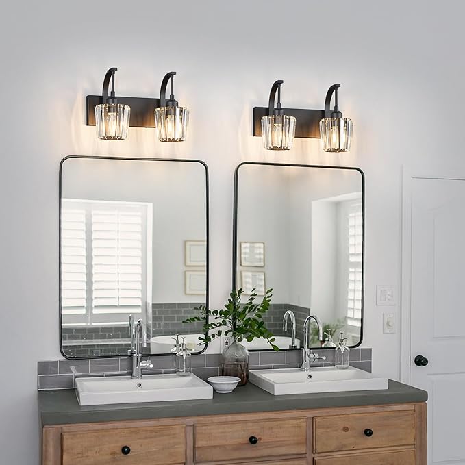 Modern Bathroom Vanity Light, 2-Light Black Wall Sconce with Crystal Accents, Over Mirror Bathroom Lighting Fixture, 13.77" Long Dimmable Vanity Lamp for Makeup, Easy Installation