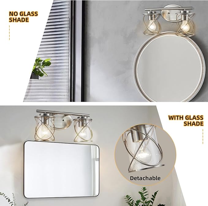 mavcadonf 2-Lights Vanity Lights, Bathroom Light Fixtures Over Mirror, Brushed Nickel Vanity Light, Farmhouse Wall Lights with Clear Glass Shade, Bathroom Wall Lamp for Mirror Kitchen Bedroom
