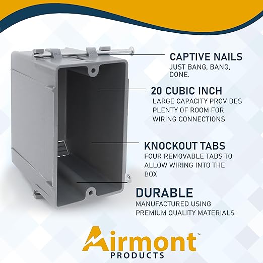 (Pack of 6) Plastic Electrical Box, Grey Outlet Box, Single Gang New Work Junction Box, Captive Nails, 20 cu. Inches, Length 3-5/8'', Width 2-1/8'', Depth 3-1/4''