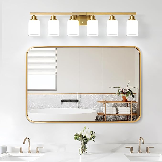 Brushed Gold Bathroom Vanity Light,6-Light Bathroom Light Fixtures with Square Frosted Glass,Gold Bathroom Wall Lamp Sconces for Mirror Bedroom,Living Room Hallway,E26