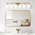 Brushed Gold Bathroom Vanity Light,6-Light Bathroom Light Fixtures with Square Frosted Glass,Gold Bathroom Wall Lamp Sconces for Mirror Bedroom,Living Room Hallway,E26
