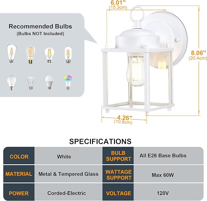 GRUENLICH Outdoor Wall Sconce, Exterior Wall Lighting Fixtures with Clear Glass, Front Porch Lighting, Outdoor Lights for Patio, Doorway, White, 4 Pack