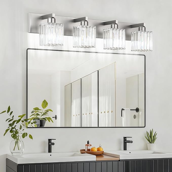 Aipsun Brushed Nickel Bathroom Lighting Fixtures 4 Light Crystal Modern Bathroom Vanity Light (Exclude Bulb)