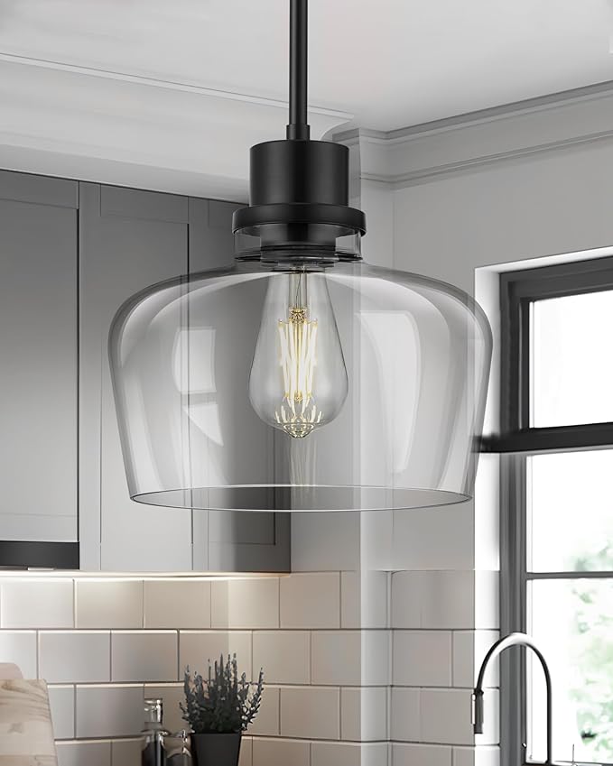Emak Black Pendant Light Fixtures, Modern 10 Inch Clear Glass Pendant Lights Kitchen Island, Farmhouse Large Kitchen Island Lighting, PL126-BK-CG