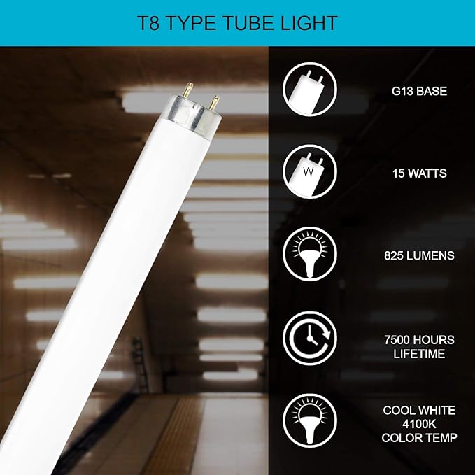 DYSMIO Lighting F15T8-CW 15 Watt T8 Straight Tube, Medium Bi-Pin Base, 4100K - Cool White Pack of 8