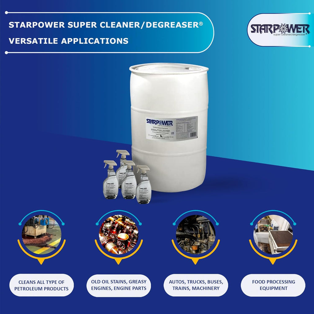 STARDUST Spill Products Starpower D355SP Industrial Degreaser, All Purpose Cleaner 55 Gallon Drum, Includes Empty 32-Ounce Labeled Sprayers for Easy Dilution, Efficient, Safe, Versatile - 4 Case
