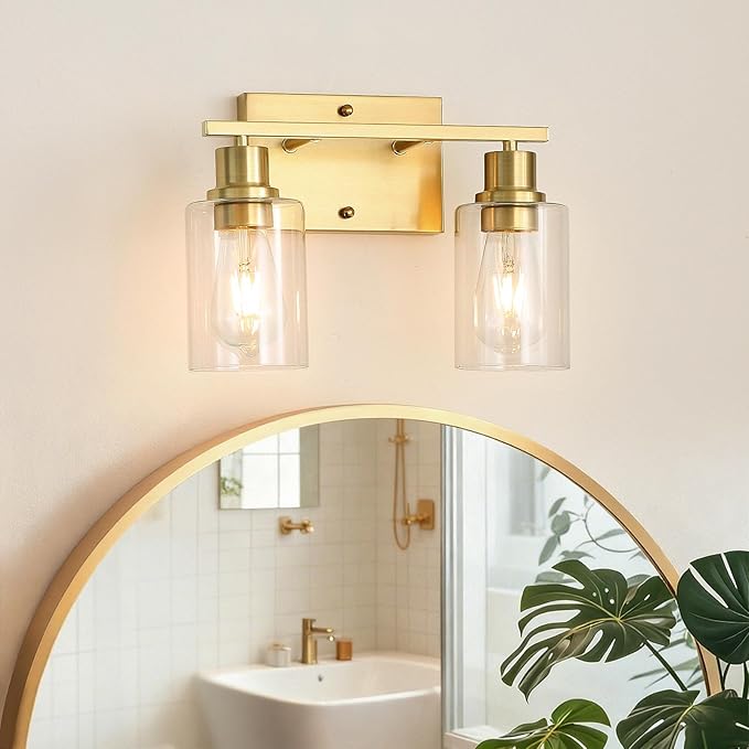 EMONG Gold Bathroom Light Fixtures, 2-Lights Brushed Brass Vanity Light with Clear Glass Shade, Modern Wall Sconces for Hallway, Farmhouse, Living Room