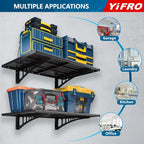 2-Pack 2x3ft Heavy Duty Garage Wall Shelving, 500 lbs Load Capacity, Garage Shelving Wall Mounted, Garage Storage Rack with Hooks, Black