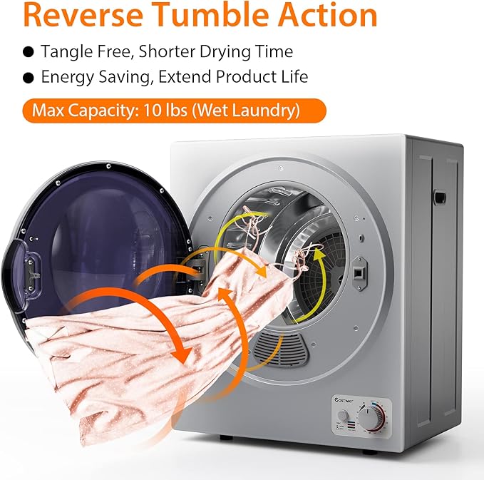 COSTWAY GT-10222US-SL-FPCY, 110V Electric Portable Clothes Stainless Steel Tub, Panel Downside Easy Control for 4 Automatic Drying Mode Compact Laundry Dryer, Silver