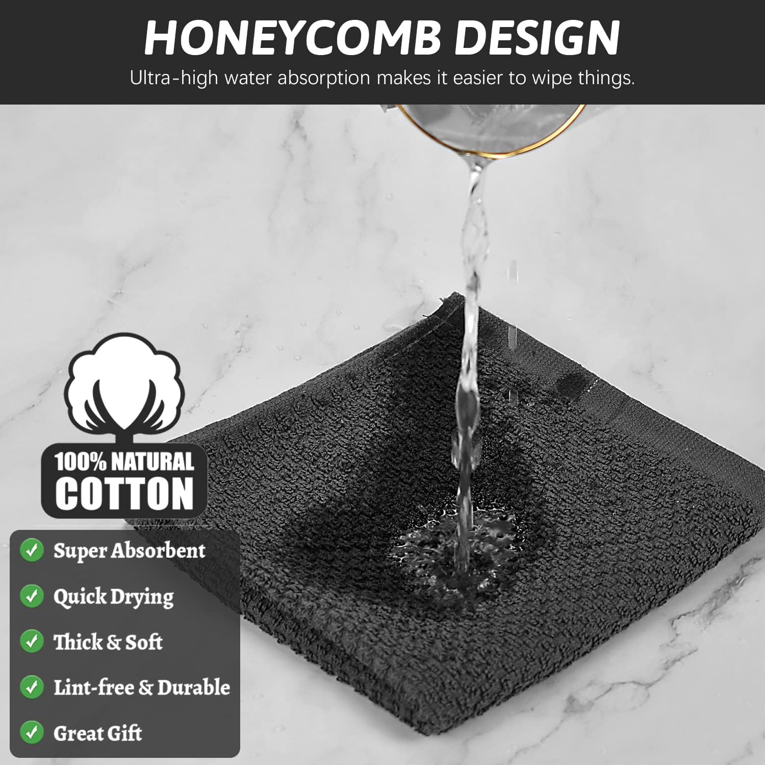 Nialnant Cotton Terry Dish Cloths,Super Soft Dish Towels for Kitchen,Absorbent Dish Rags for Cleaning,12x12 Inches,Black