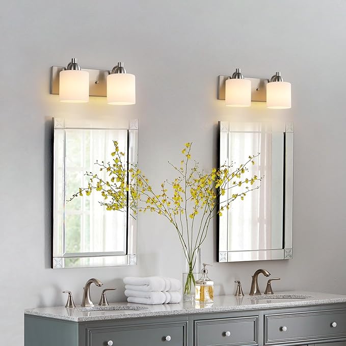 Stainless Steel Milk Glass Vanity Lights for Bathroom, 2 Light Brushed Nickel Bathroom Light Fixtures Over Mirror, Ceramic E26 Sockets Wall Mounted