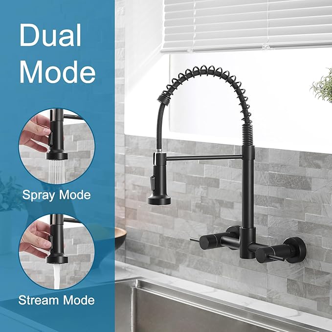AIMADI Wall Mount Kitchen Faucet,Matte Black Kitchen Sink Faucet with Pull Down Sprayer,8 inch 2 Handle Commercial Faucet for Kitchen Laundry Room Restaurant