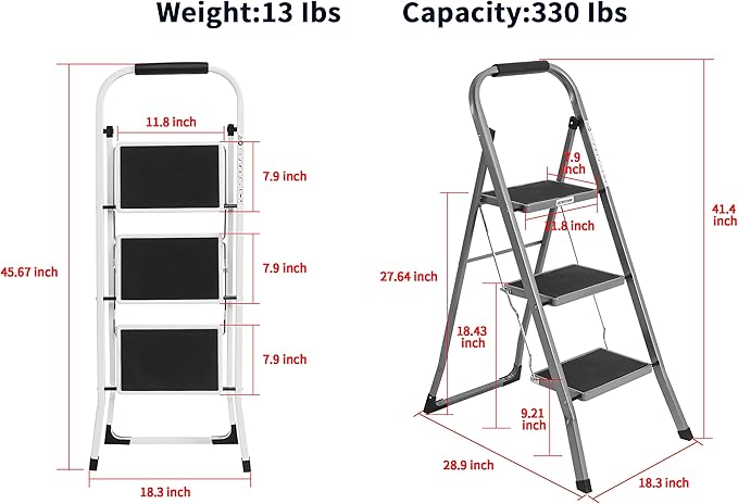 3-Step Ladders Folding Step Stool with Anti Slip Pedal and Handgrip Portable Sturdy Ladder for Home & Office 330 Lbs Silver Grey