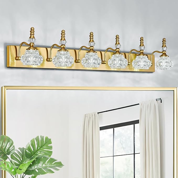 Modern Glass Crystal Vanity Light - Vintage Bathroom Lighting Fixtures Over Mirror 6 Light Vanity Lights G9 Bulb (43.3 Inch, Gold)